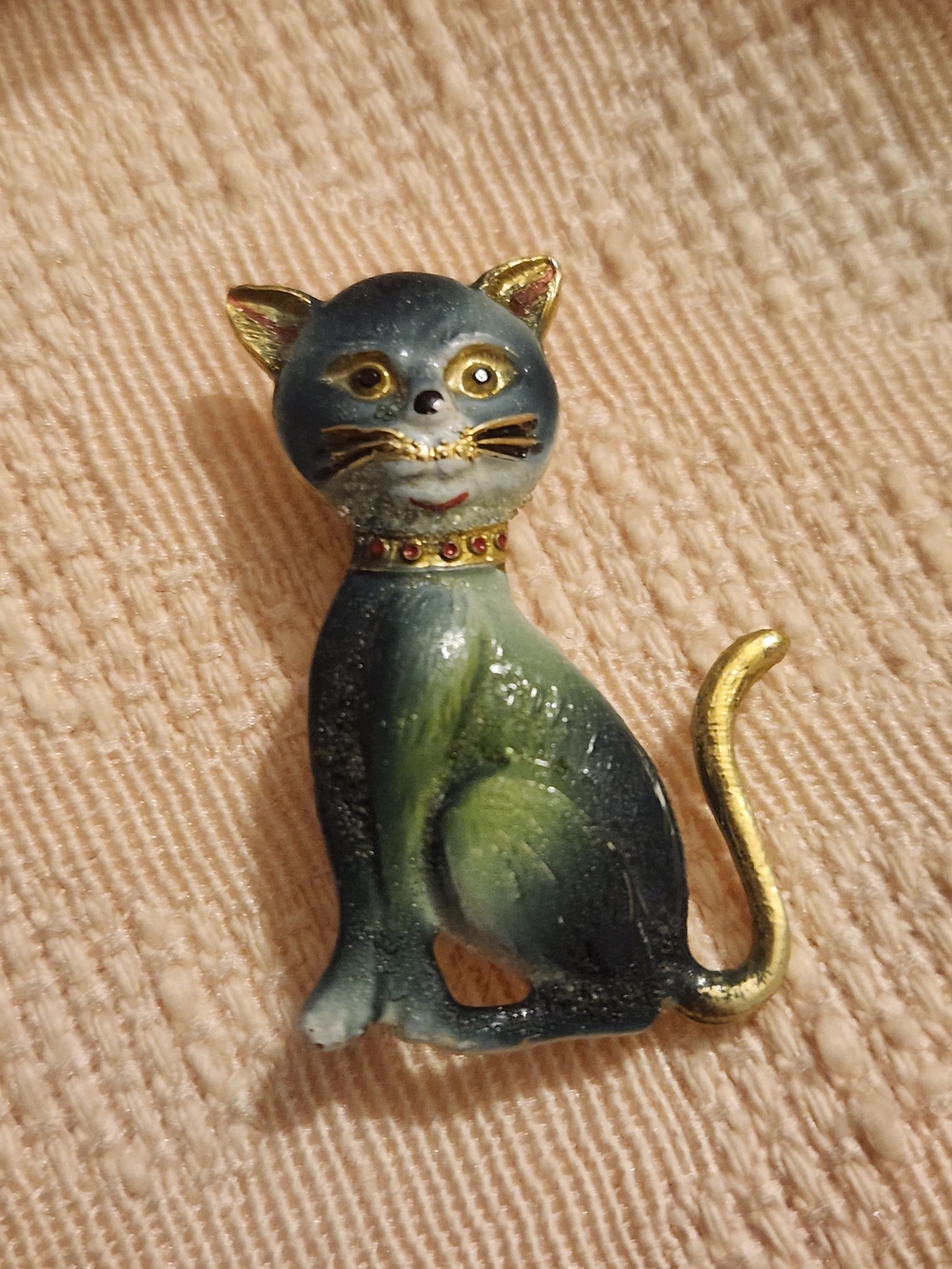 Vintage Korea Enamel Cat Brooch Gold Green Kitty Pin Rhinestone Collar Cute